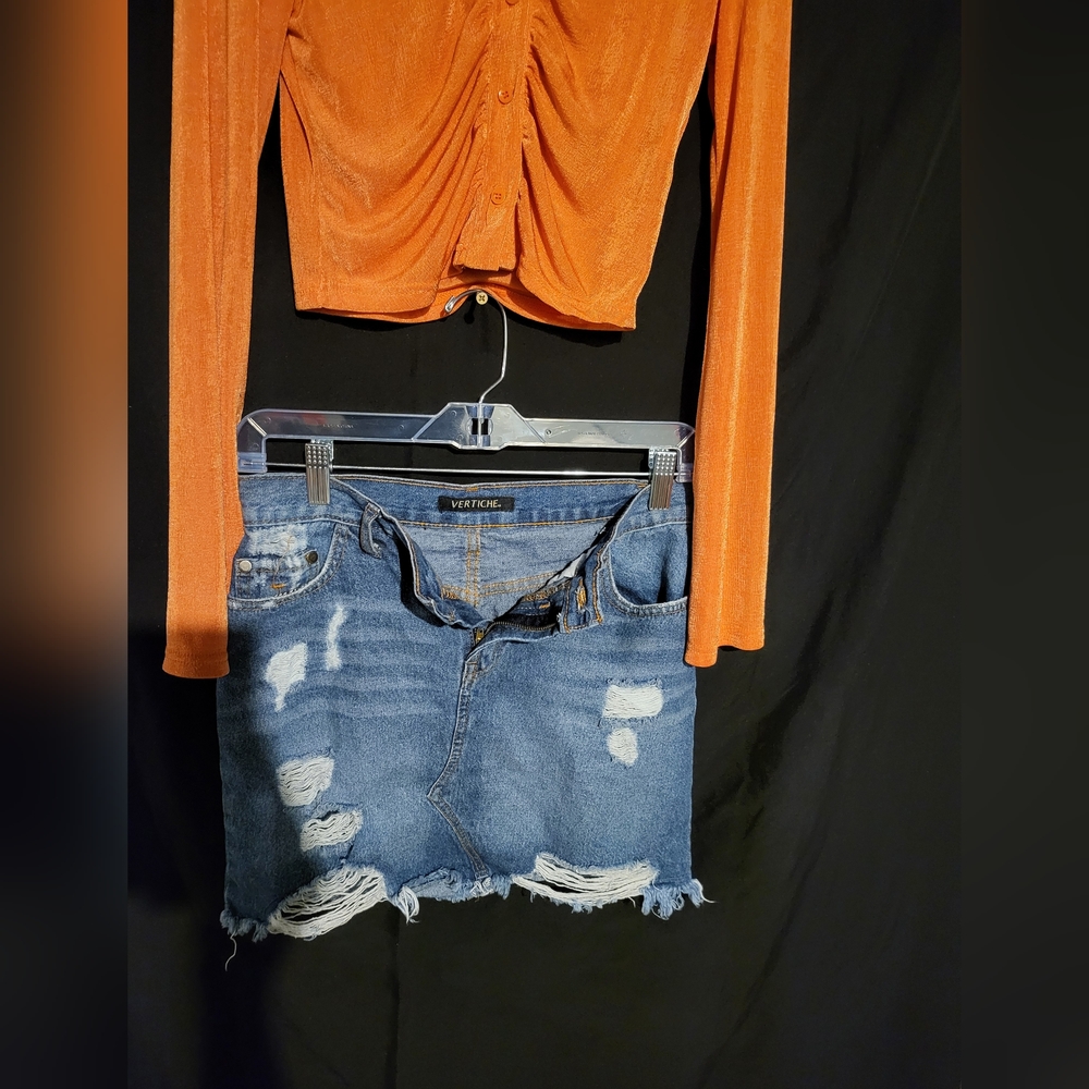 🧡💙 Stylish Set: Orange Crop Top + Blue Jean Skirt 💙🧡